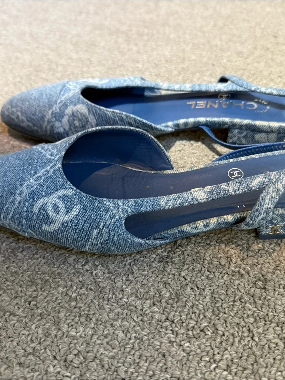 CHANEL Denim Blue Slingback Mules with CC Motif